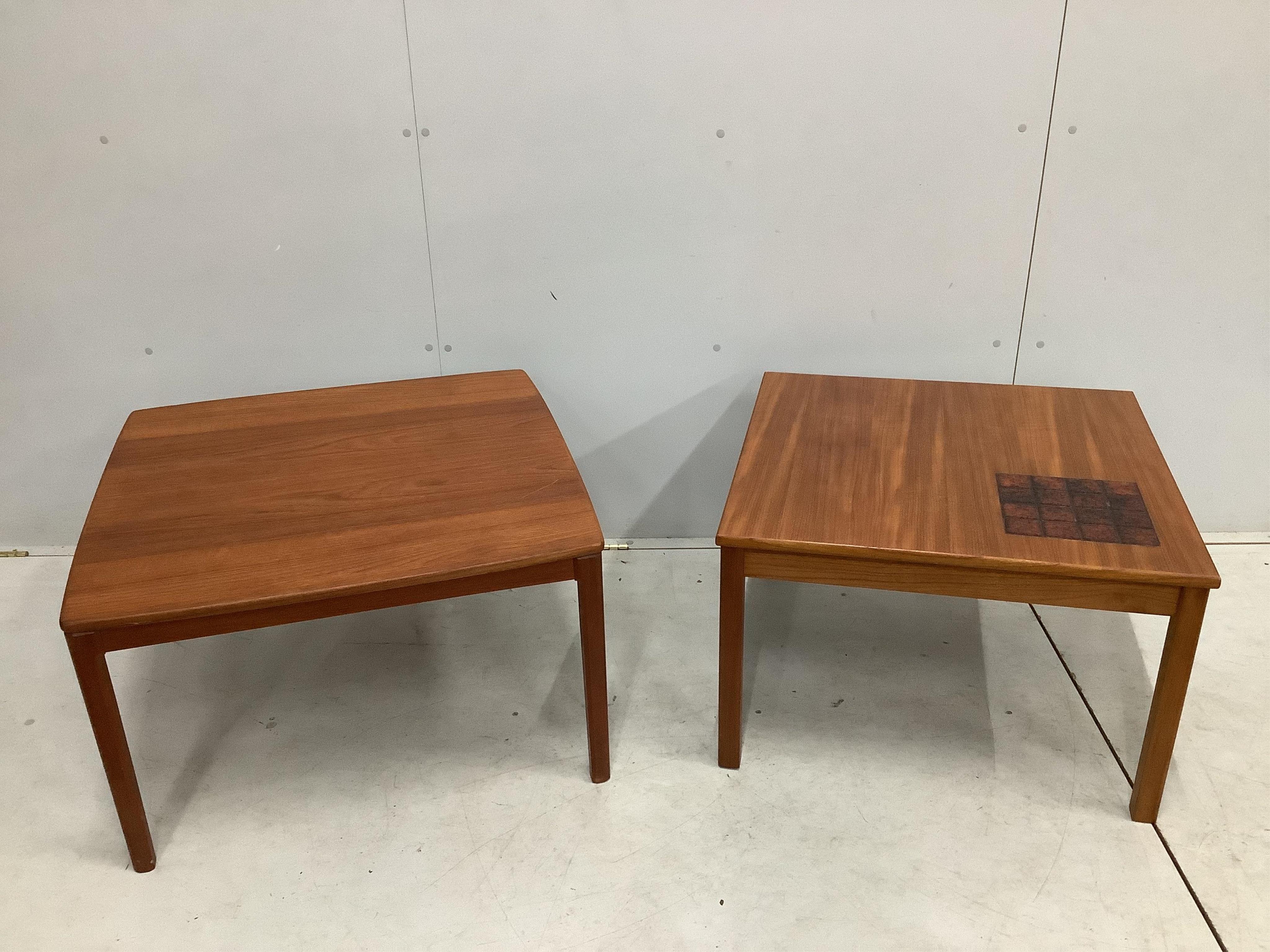 Two square Danish teak coffee tables, larger 77cm, height 45cm. Condition - good